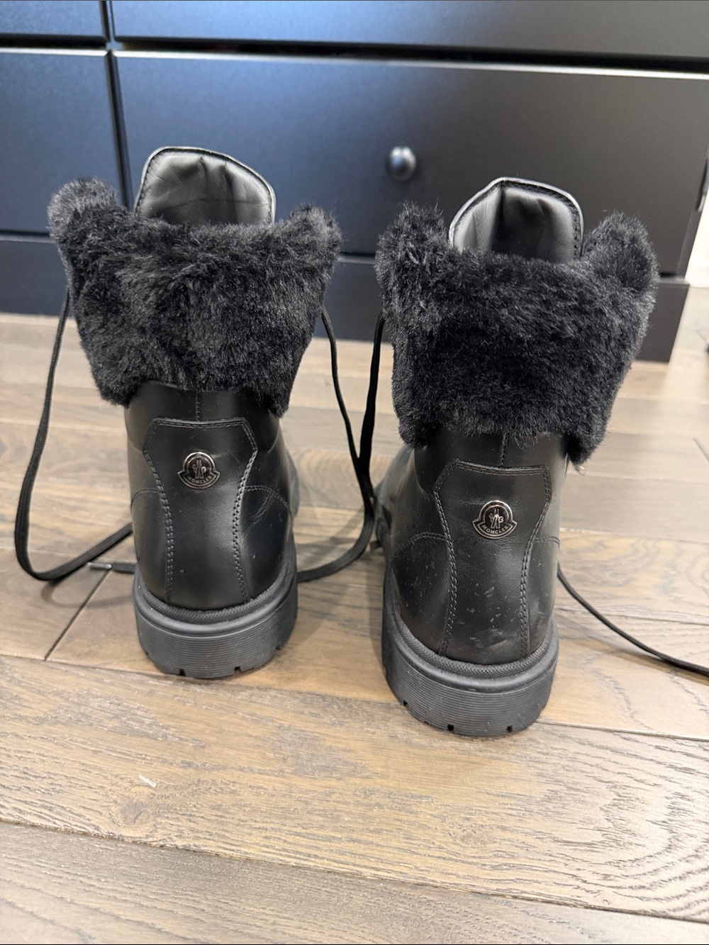 Moncler Black Leather Lace-Up Fur Collar Combat Boots - Picture 3 of 4